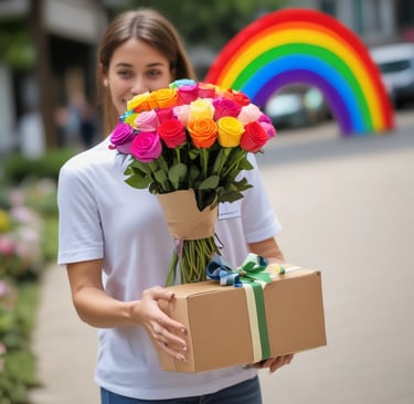 woman delivering rainbow roses bouquet