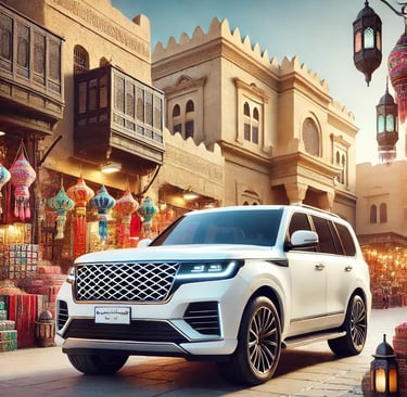 a white suv parked in front of a building