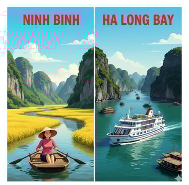 A side-by-side comparison of a serene boat tour through the rice paddies and limestone karsts of Nin