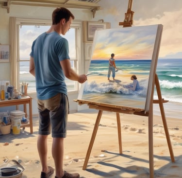 An artist painting a painting of women on a beach