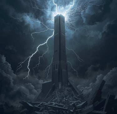 uma torre alta com um raio no meio dela