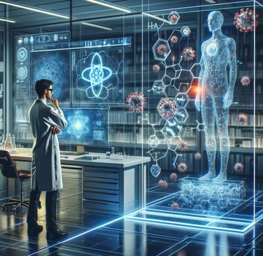 a man in a lab coat standing in front of a large screen with a futuristic personal diagnostic