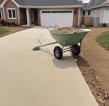 A friendly contractor shaking hands with a homeowner beside a freshly poured concrete driveway.