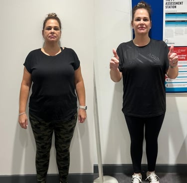 Side-by-side fitness transformation photo of woman in gym, showing progress and positive outcome.