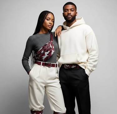 Contemporary photo of an interracial male and female couple in studio  wearing premium clean fashion