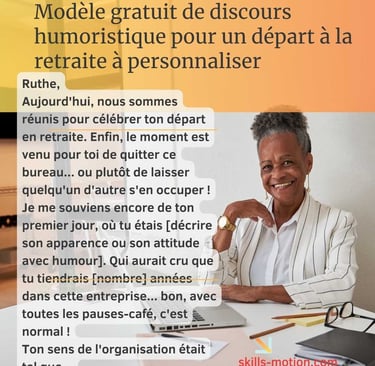 Modèle gratuit de discours humoristique pour un depart a la retraite a personnaliser