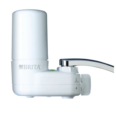 Brita faucet mount water filter system for lead and chlorine removal in white.