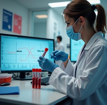 Biomédica enfrente ao monitor com tubos de ensaio