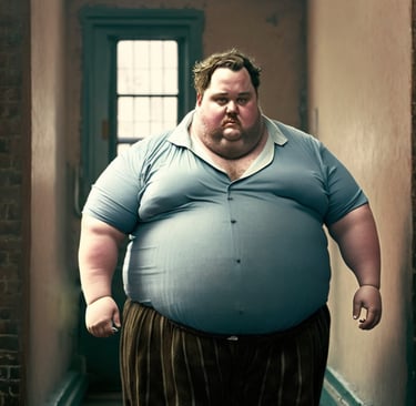 AI generated image of an obese man in a green shirt and striped trousers walking down a narrow hallway