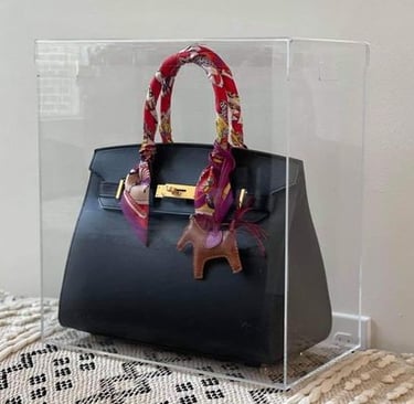 Designer bag in an acrylic display case on a sofa.