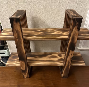 handmade scorched wood shelves