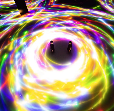 two people standing in a circle with a light that is glowing