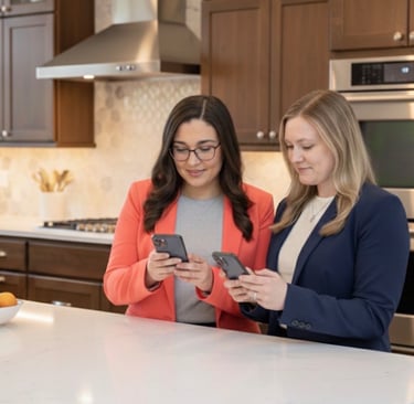 two women standing in a kitchen with a tablet and a tablet