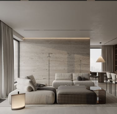 3D rendering of living room with modern furnishings, grid lighting, stone wall, beige accents, stylish and inviting.