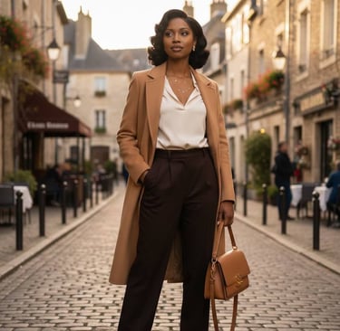 Ruby Mae Davenport walking confidently down a city street, embodying quiet strength, purpose, and in