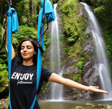 a woman in a black shirt on anti-gravity yoga hammock
