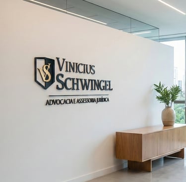 Logotipo aplicado na parede de escritório jurídico.