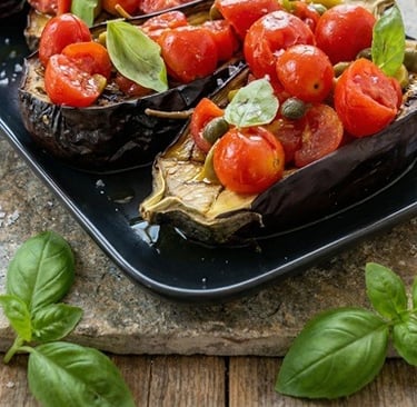 Eggplant bruschetta - Mediterranean bruschetta with tomatoes and olives