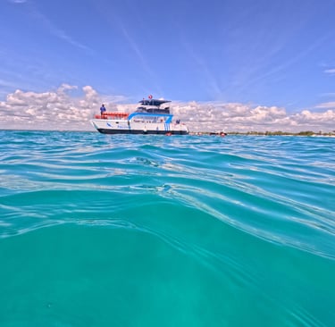 a boat in the water with a boat in the background catalina island punta cana
