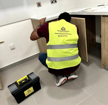 Engineer inspecting kitchen fittings and plumbing during property snagging in Abu Dhabi