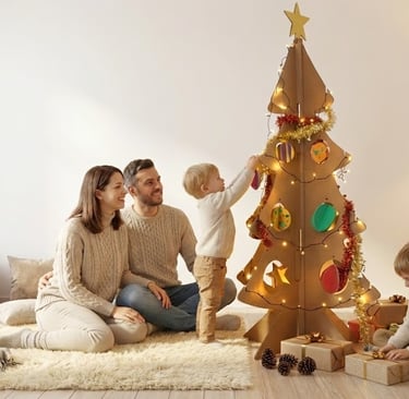 Kartonnen kerstboom met een gezin er om heen