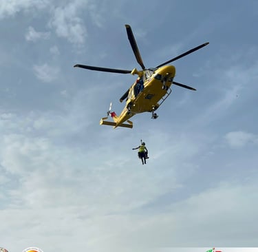 Helicopter in Flight – Helicopter in action during a HEMS training simulation for air rescue ops