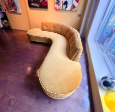 top view of reupholstered sofa in gold velvet - toronto upholstery