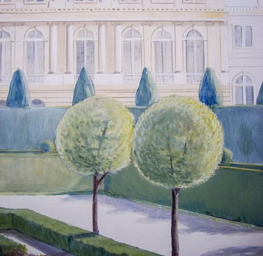Detail of a hand painted mural with manicured trees and the corner of Versailles Castle