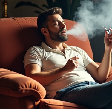 Homem de meia idade fumando em uma poltrona