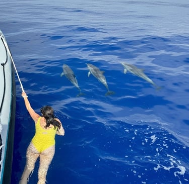 A person in a yellow swimsuit swimming in the ocean next to three dolphins near a boat.