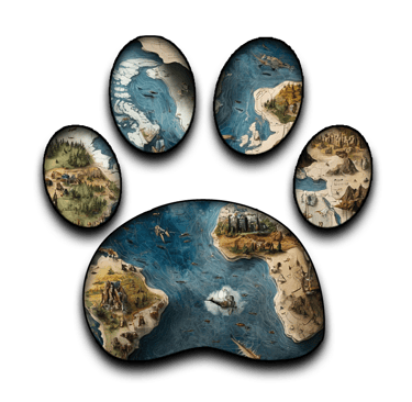 Paw print cut-out of stylized world map. Art by ai&me