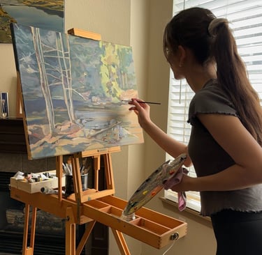 Angela Moiseieva at work on Nature’s Whisper 18 × 24 inches, an original forest oil painting