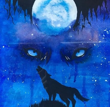 a painting of a wolf in a blue sky with smoldering intense eyes glaring under the moon.