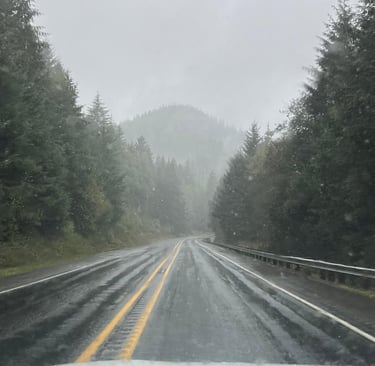 Foggy, rainy road view — reflecting the confusion and heaviness of burnout
