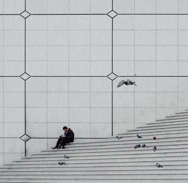 a man sitting on a set of stairs with birds