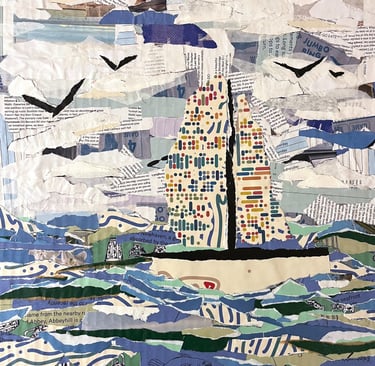 'Seasaw' by Zabeth Spayne (Mixed-media collage, paper on cardboard, 2025)