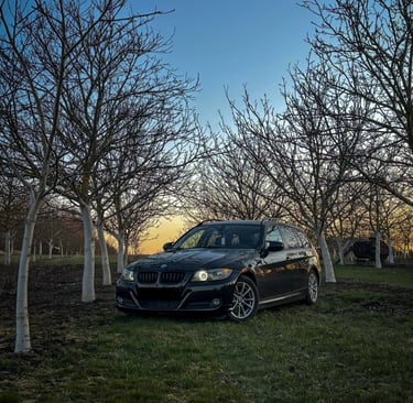 A car parked in a field with trees and a sky background