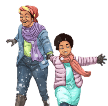 Adanah and Grandma characters in Snowy Joy