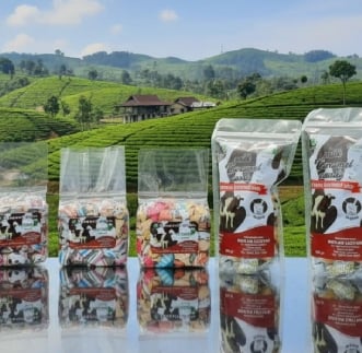 Berbagai varian permen susu karamel khas oleh oleh pangalengan dengan latar belakang pemandangan kebun teh hijau yang asri