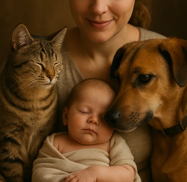 a woman holding a baby and a cat and a dog