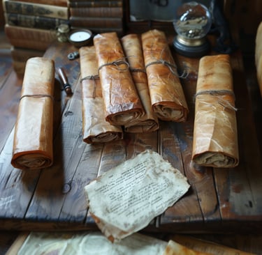 Un amas de vieux parchemins et d'un bout de lettre, sur une table en bois.