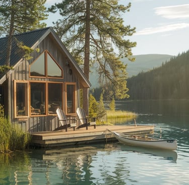 a vacation rental with a boat on a lake and mountains in the back