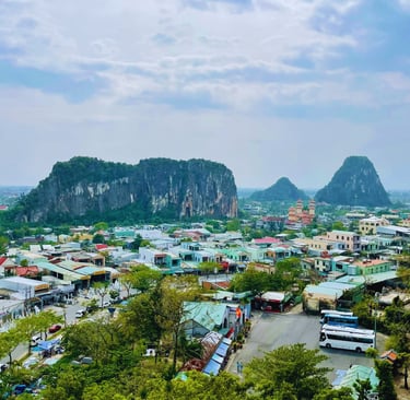 View of Marble Mountains and surrounding village in Da Nang, Vietnam