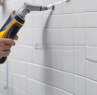 Close-up of a professional applying silicone sealant neatly along a bathroom tile joint with a caulk