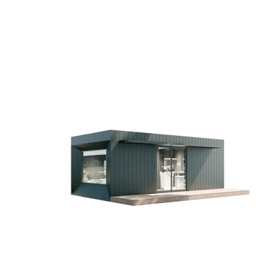 a small house with a large window and a small window