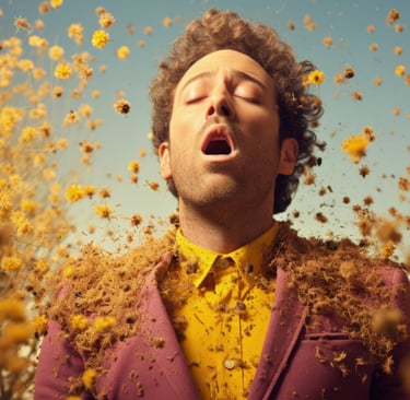 homem em meio a flores respirando de alivio
