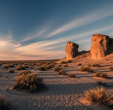 a desert landscape with a few rocks and a few bushes