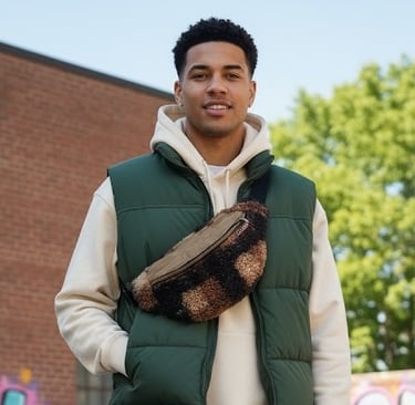 Jeune homme portant un sac banane texturé à motif camouflage.