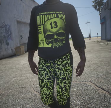 a man in a black shirt and green pants