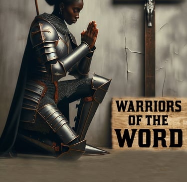 Armored African woman kneeling before a cross